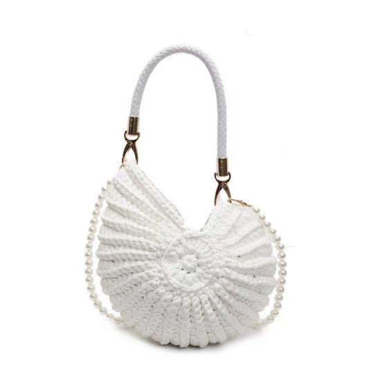 Handmade crochet spiral shell bag in white, boho pearl crossbody purse with woven texture, aesthetic coastal style handbag