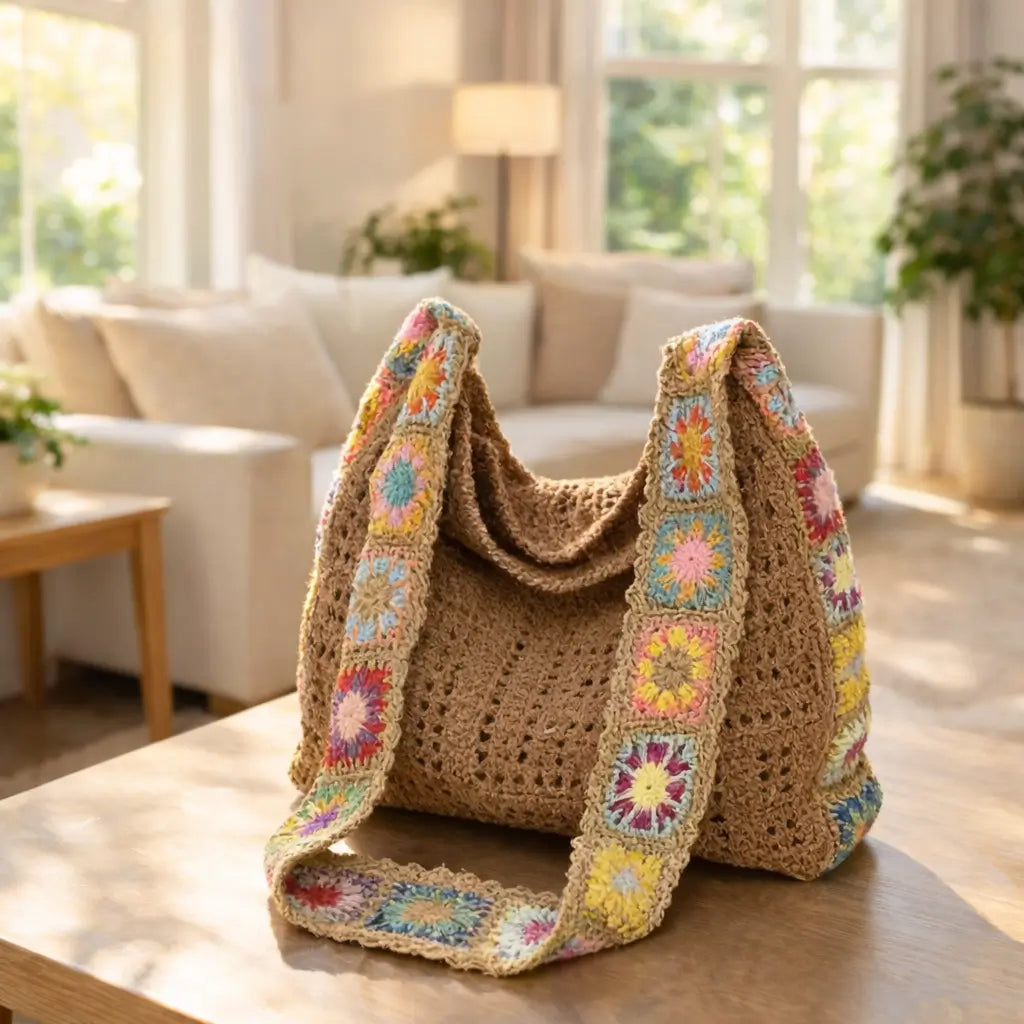 Boho Crochet Tote Bag Khaki Plain Crochet Bag
