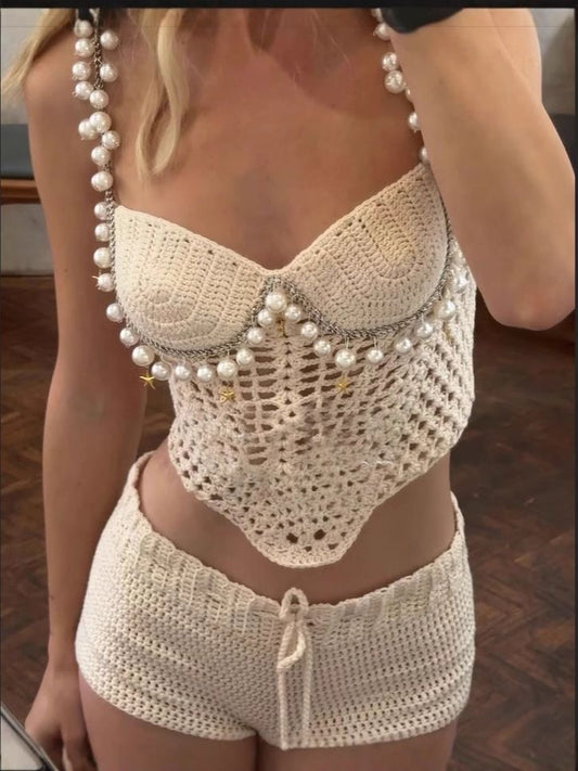 Pearl crochet corset and shorts set in cream, handmade boho two piece with pearl strap and open weave detail