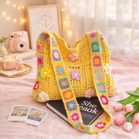 Boho Crochet Tote Bag yellow Crochet Flower Crochet Bag