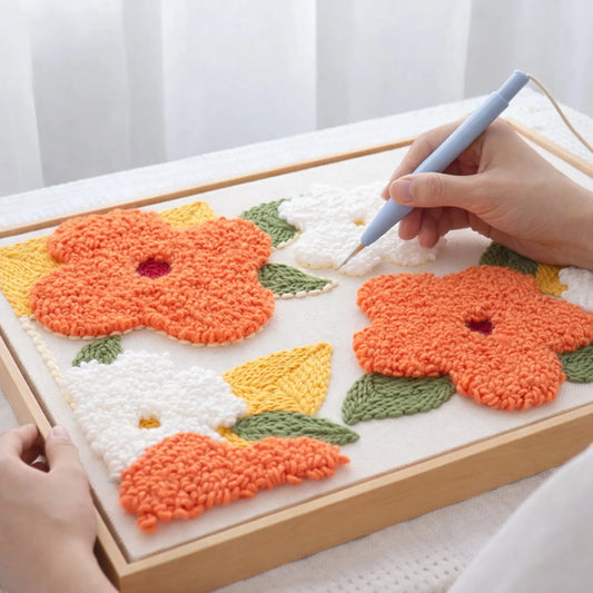 Hand using punch needle tool to create textured floral embroidery DIY kit, relaxing craft process for beginners