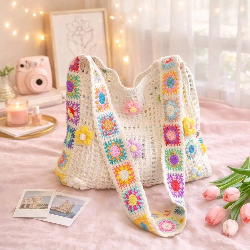 Boho Crochet Tote Bag Off-White Crochet Flower Crochet Bag