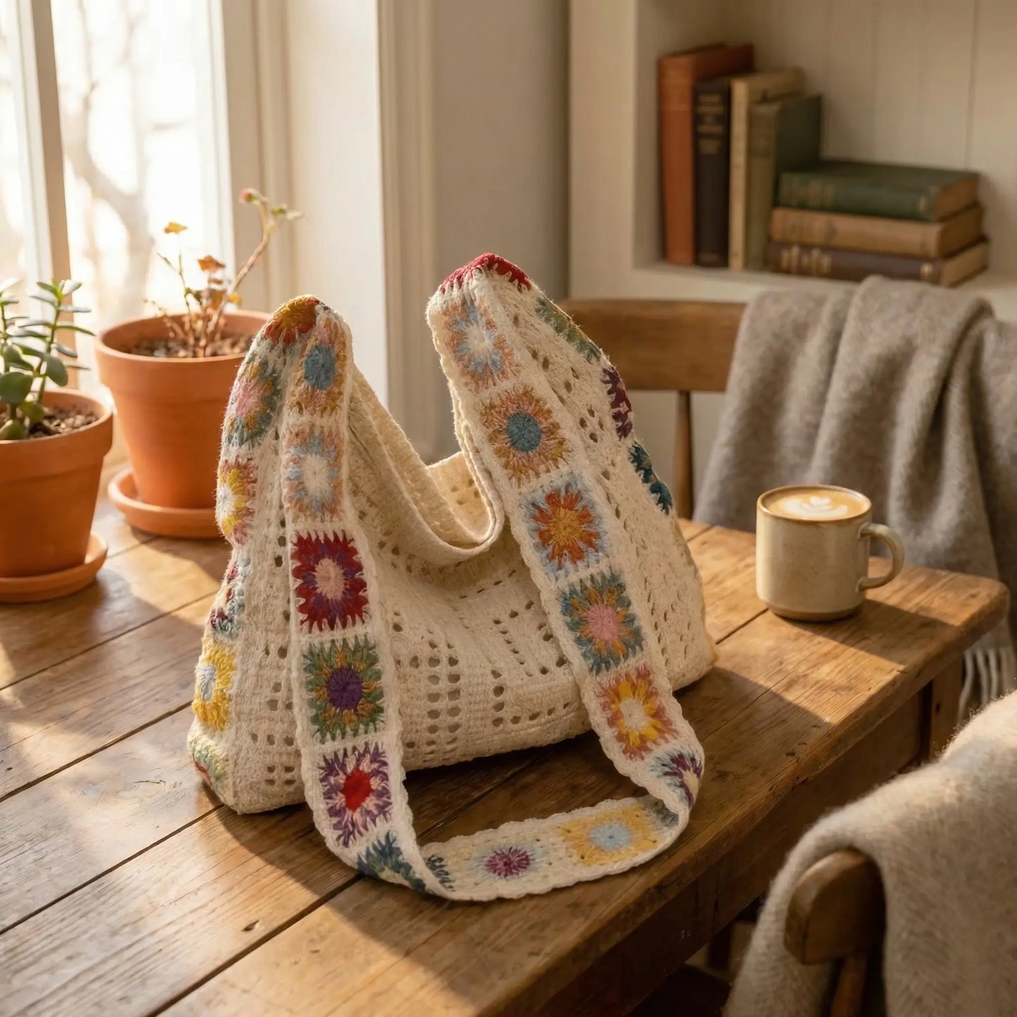 Boho Crochet Tote Bag Off-White Plain Crochet Bag