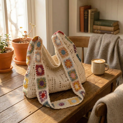 Boho Crochet Tote Bag Off-White Plain Crochet Bag