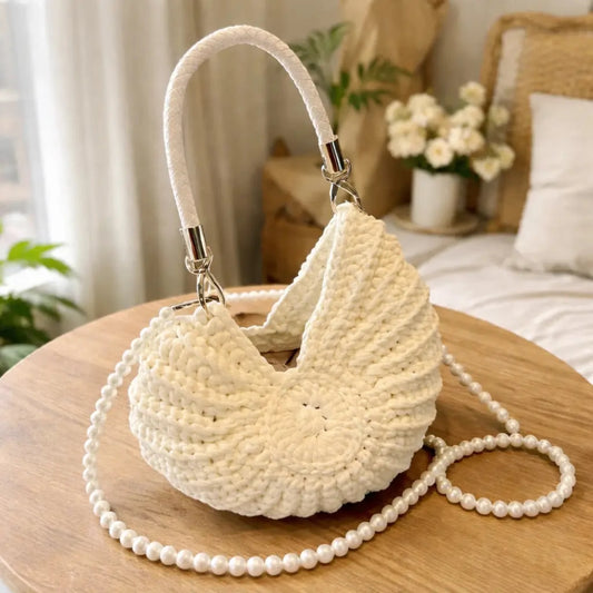 Handmade Crochet Spiral Shell Bag – Boho Pearl Crossbody Purse, Aesthetic Gift for Her (Mother’s Day & Birthday)