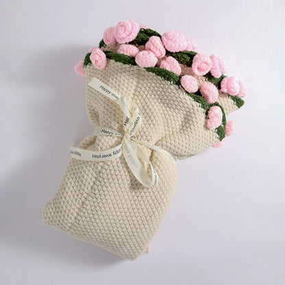 Crochet flower bouquet blanket - light pink rose with cream blanket, handmade gift