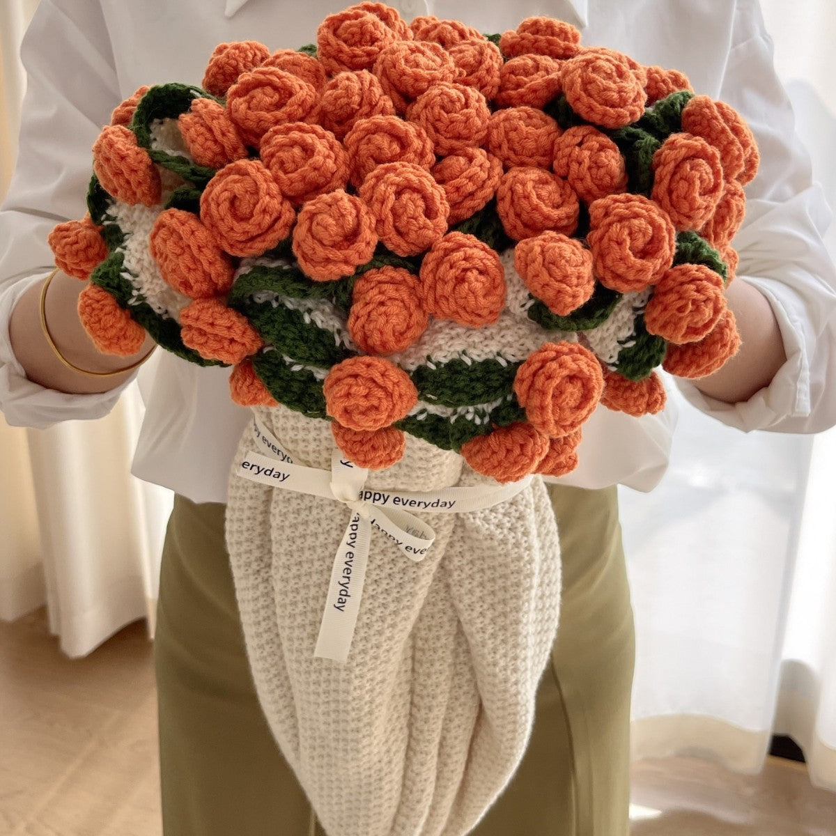 Crochet flower bouquet blanket - orange rose with natural blanket, handmade floral gift