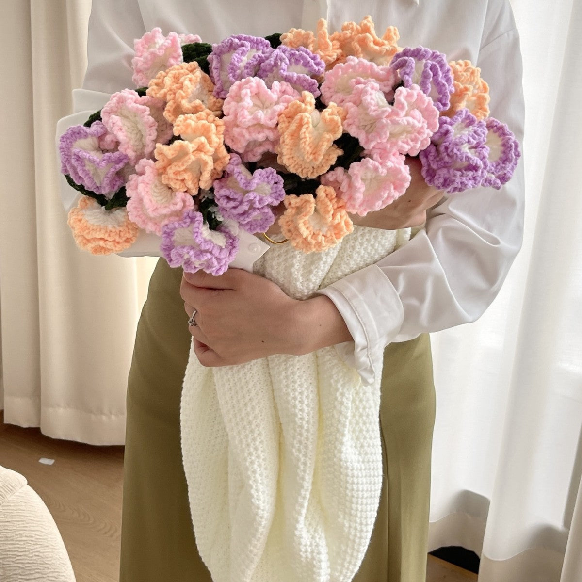 Crochet flower bouquet blanket - pastel carnation, cream blanket only, handmade floral throw