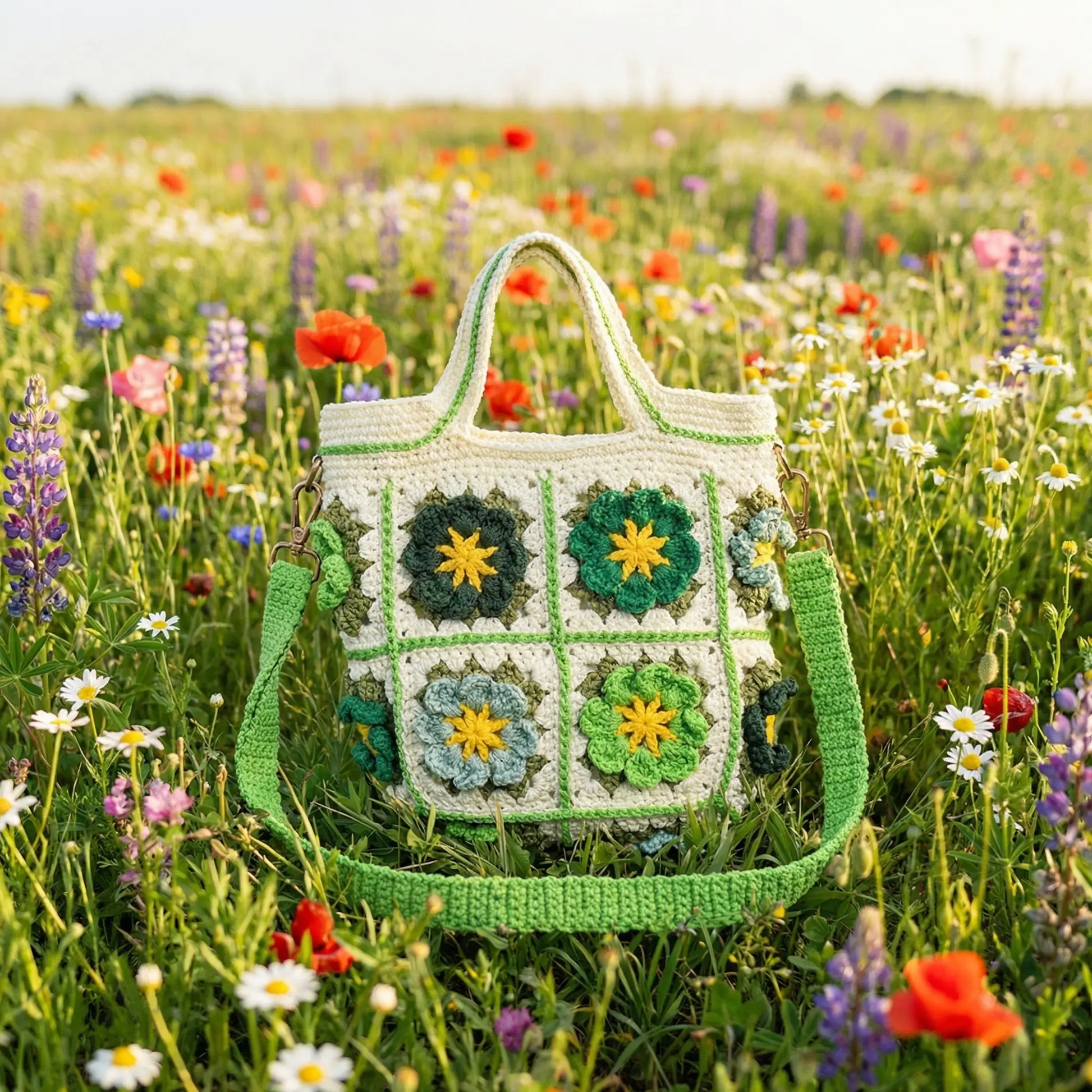 Crochet Flower Shoulder Bag Green Crochet Bag
