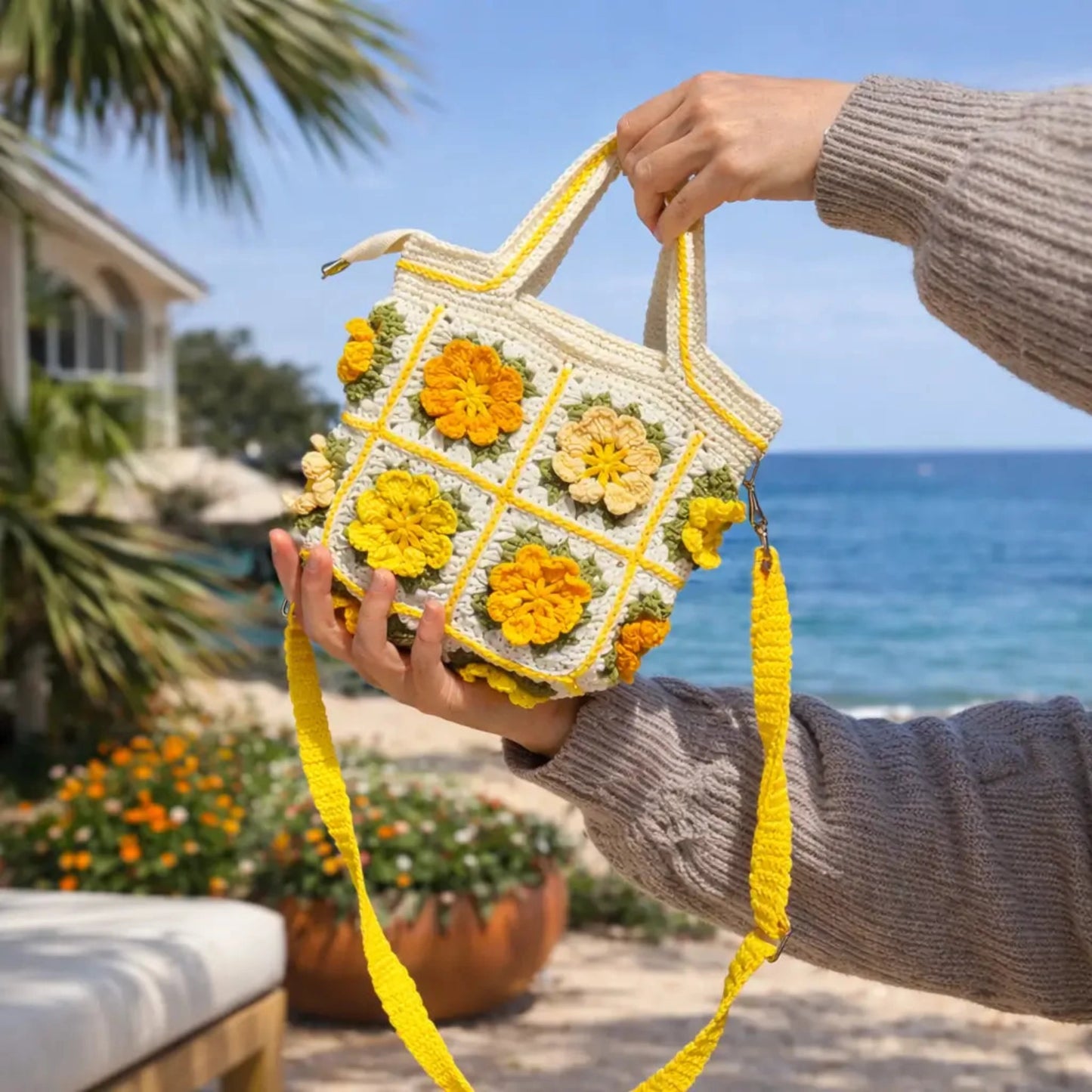 Crochet Flower Shoulder Bag Yellow Crochet Bag