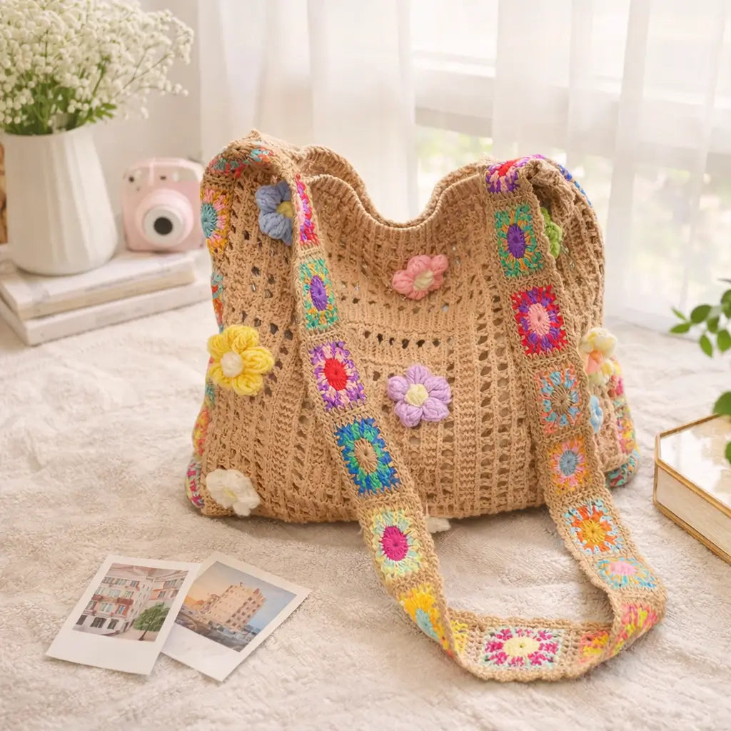 Boho Crochet Tote Bag Khaki Crochet Flower Crochet Bag