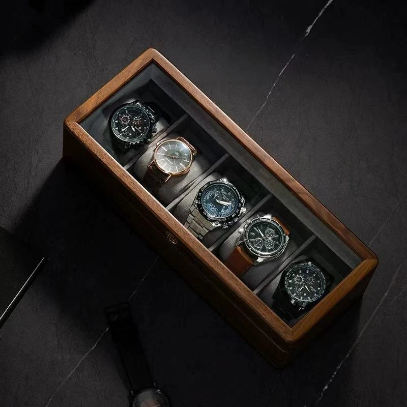 Arden 5-slot black walnut watch display box with glass lid closed