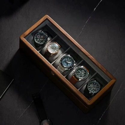 Arden 5-slot black walnut watch display box with glass lid closed