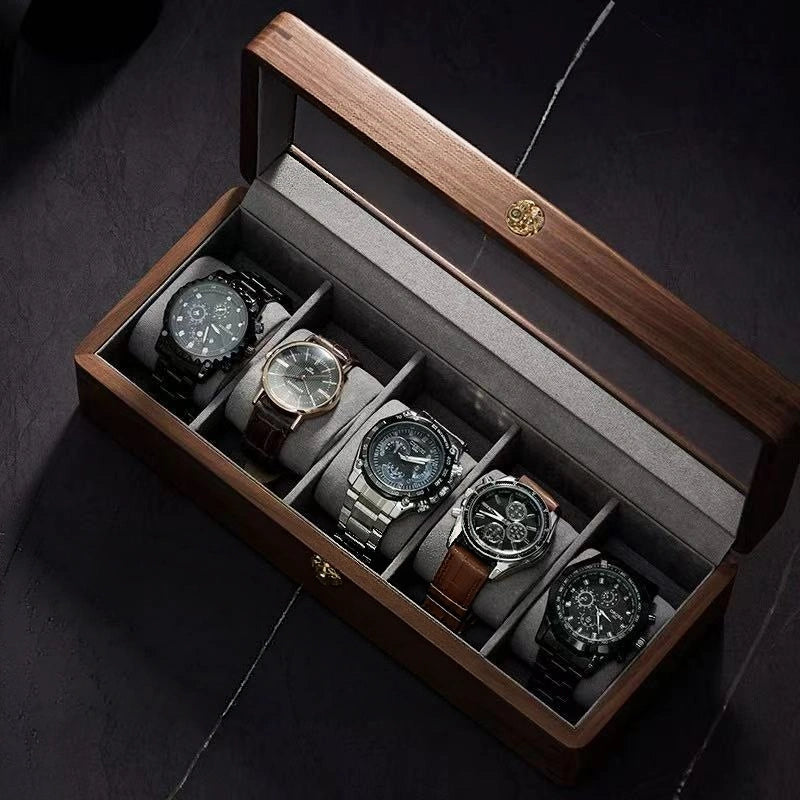 Arden 5-slot watch box open to show grey-lined compartments and watch pillows