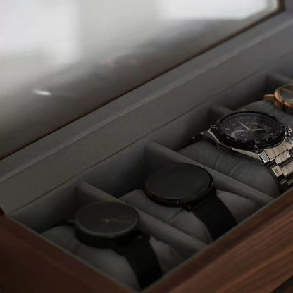 Grey fabric lining and watch pillows inside the Arden walnut watch box