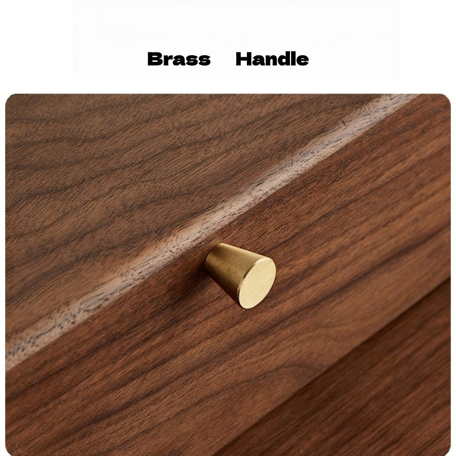 Solid brass handle detail on black walnut jewelry box