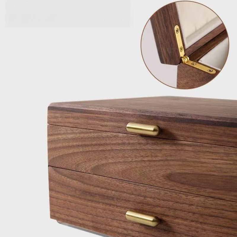 Black walnut jewelry box with brass handle and hinge details