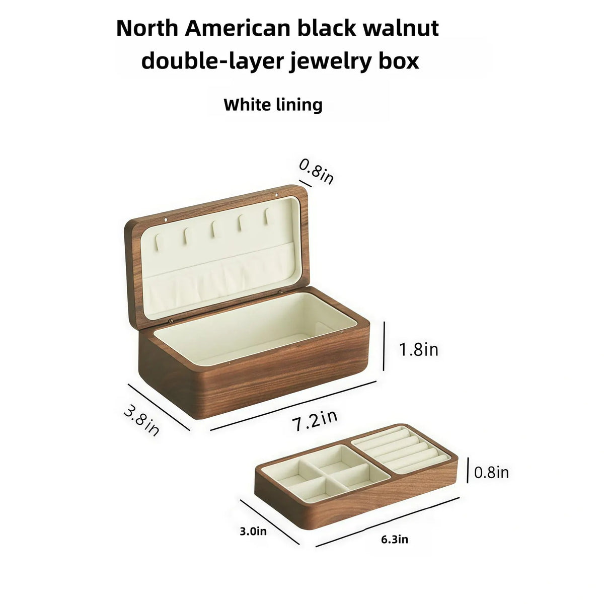 Black walnut double-layer jewelry box dimensions: 7.2 by 3.8 by 1.8 inches with removable 6.3 by 3.0 by 0.8 inch tray