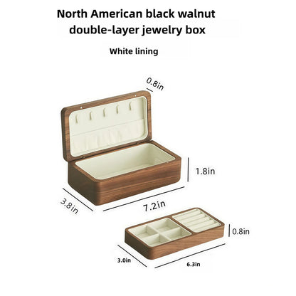 Black walnut double-layer jewelry box dimensions: 7.2 by 3.8 by 1.8 inches with removable 6.3 by 3.0 by 0.8 inch tray