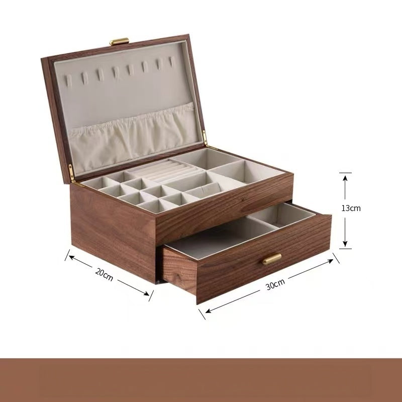 Black walnut jewelry box double-layer style with drawer, 30 x 20 x 13 cm