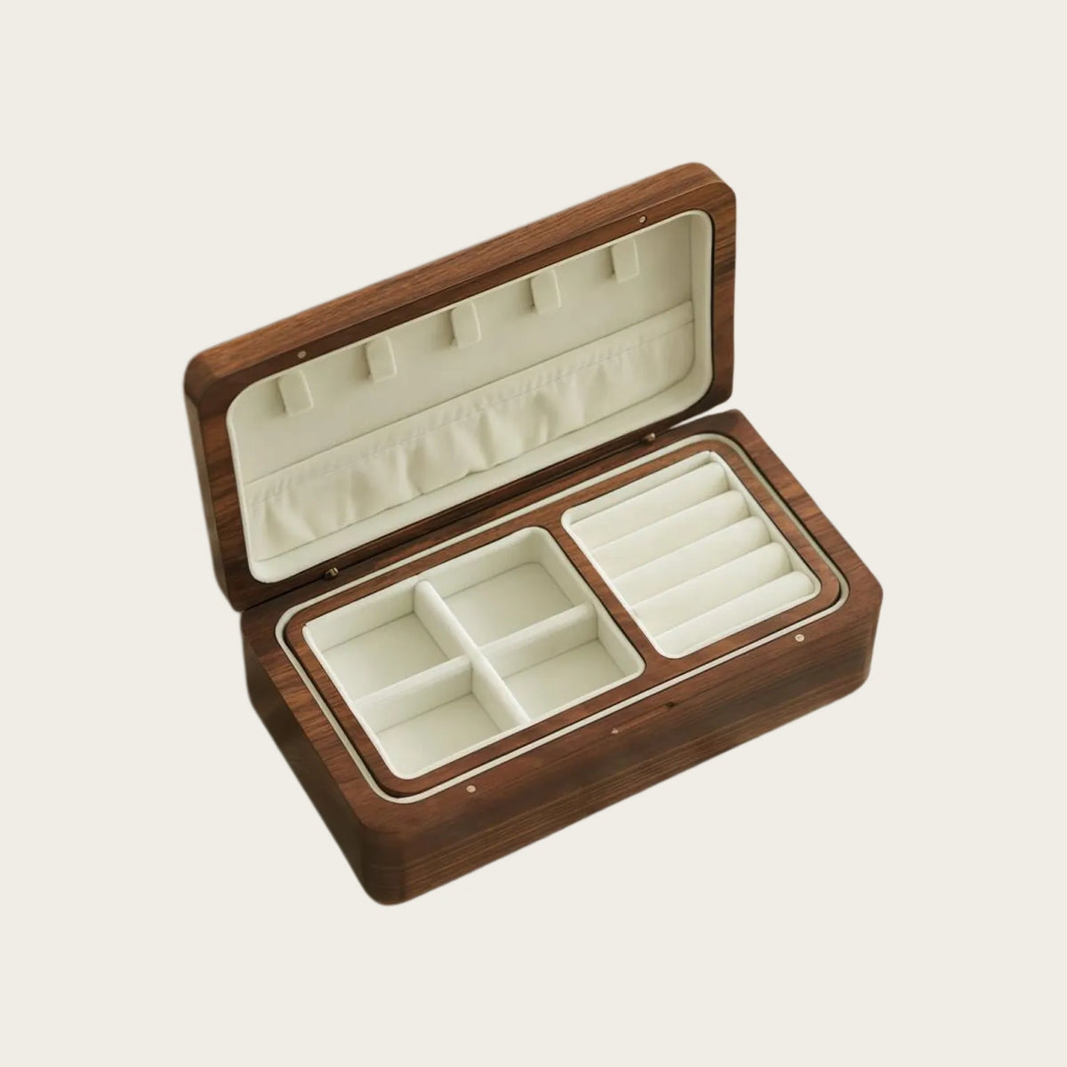Open North American black walnut jewelry box with velvet-lined double-layer compartments for rings, earrings and necklaces
