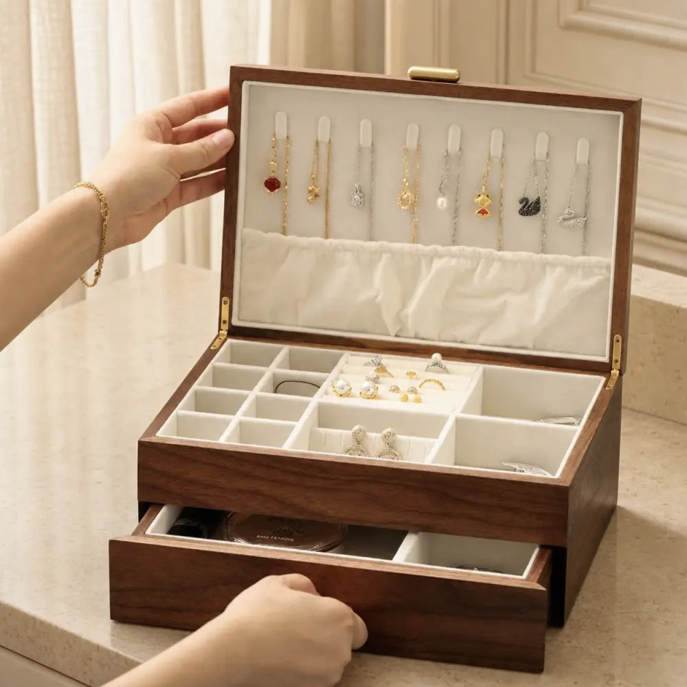 Double-layer black walnut jewelry box on a warm neutral vanity