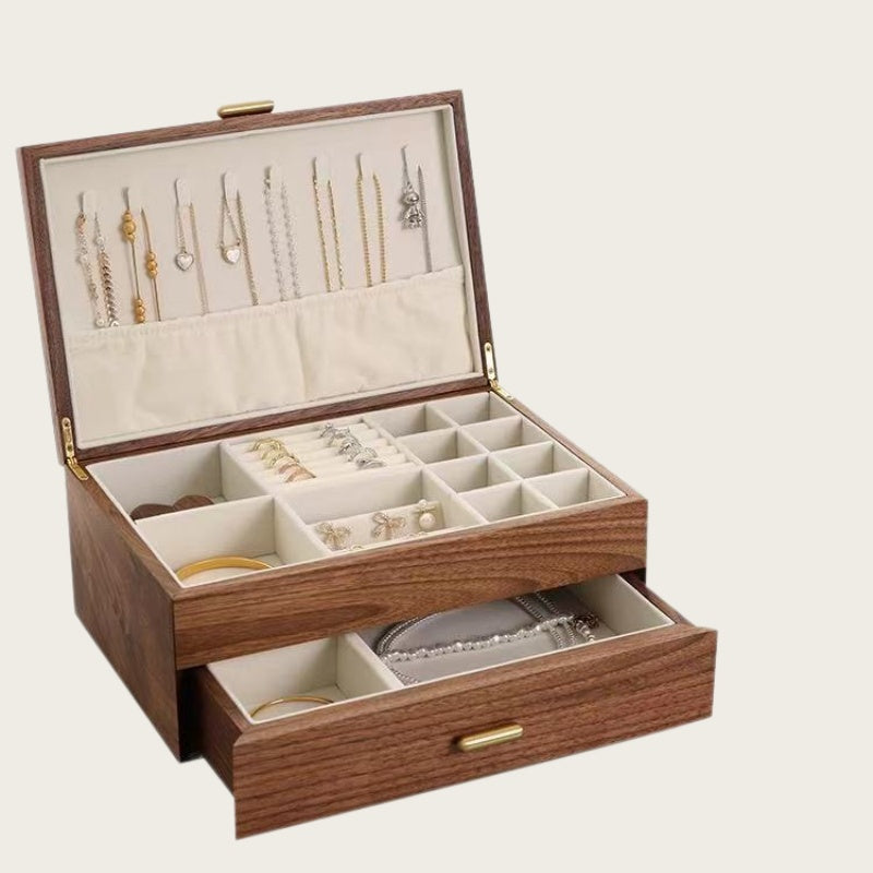 Open double-layer black walnut jewelry organizer with necklace hooks, ring rolls and compartments