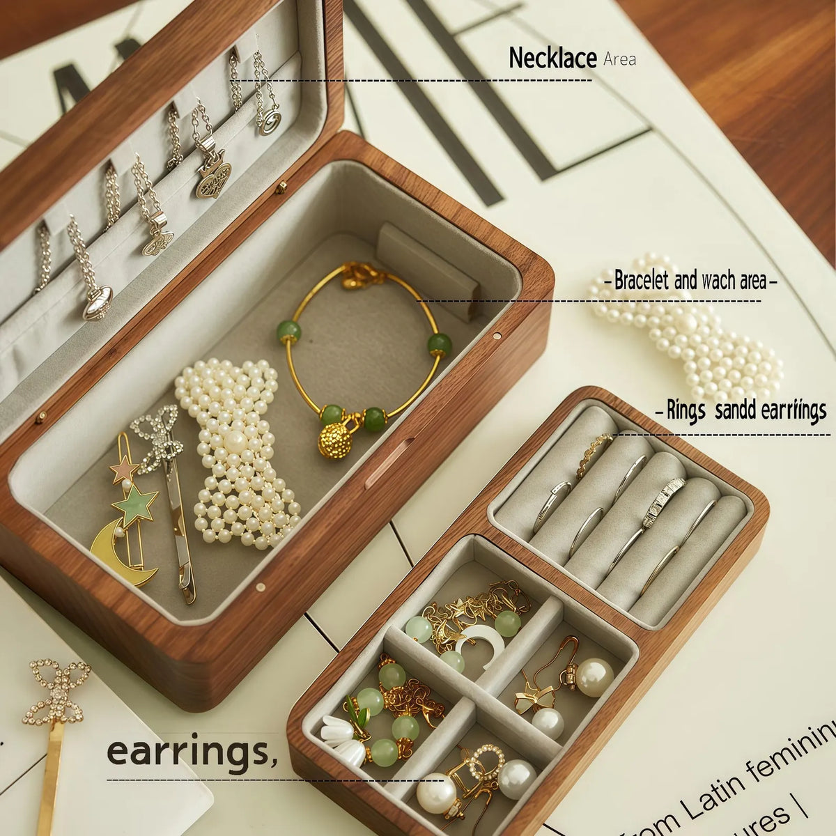 Double-layer black walnut jewelry box showing dedicated storage areas for necklaces, bracelets, watches, rings and earrings