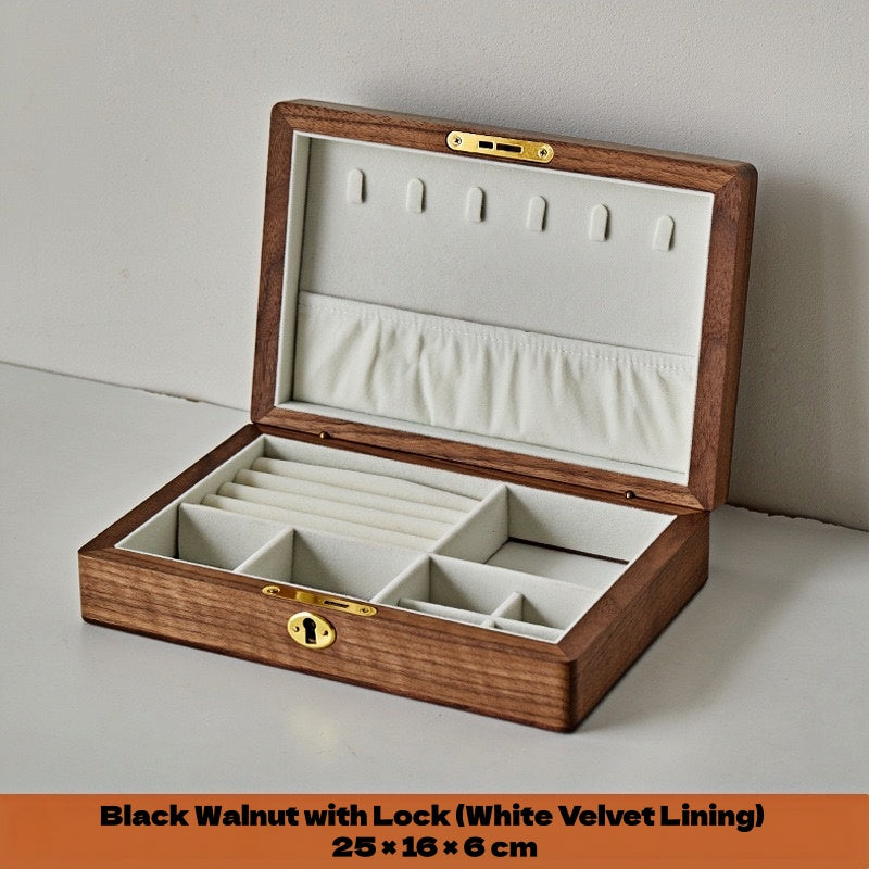 Black walnut jewelry box with lock, white velvet lining, 25 x 16 x 6 cm