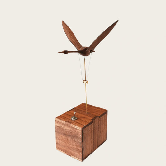 Black walnut swan kinetic sculpture with raised wings on a wooden base