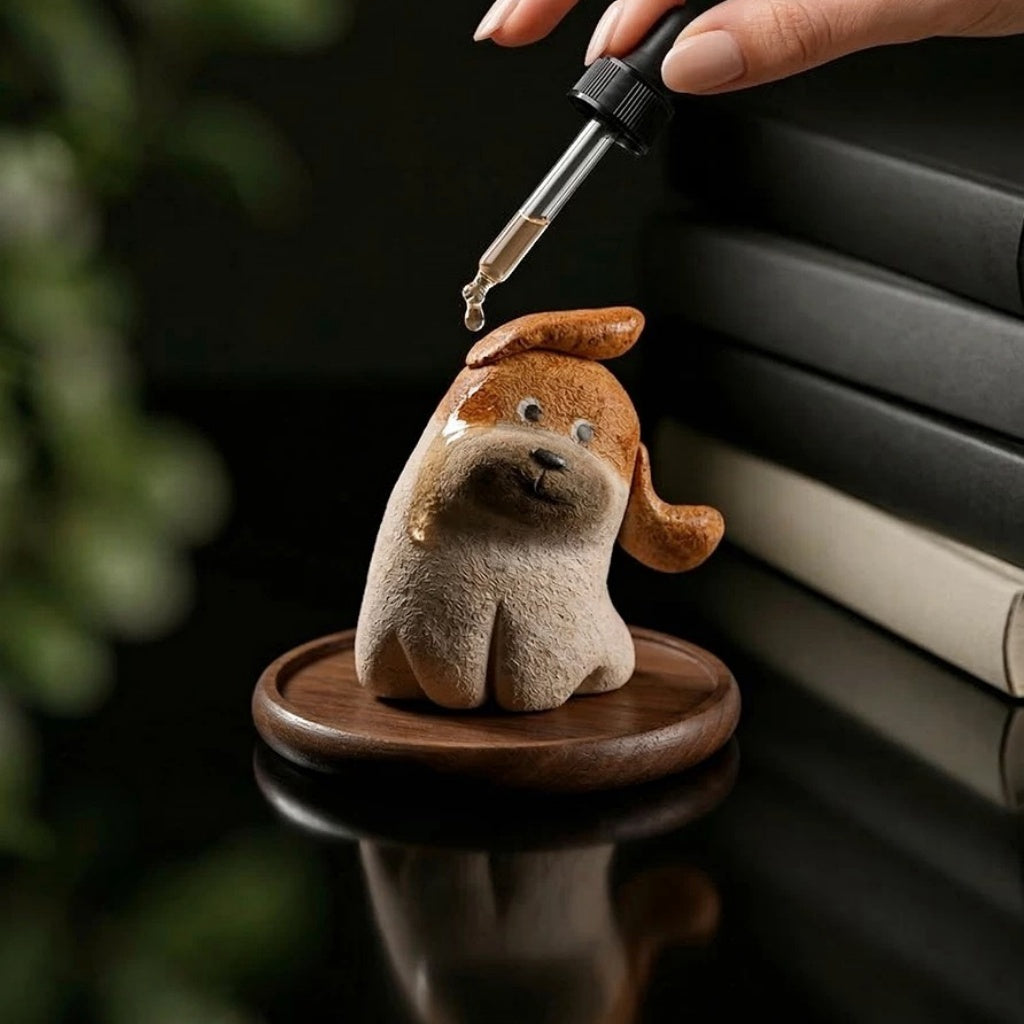 Brown and cream dog-shaped aroma stone diffuser displayed beside an essential oil bottle on a wooden tray