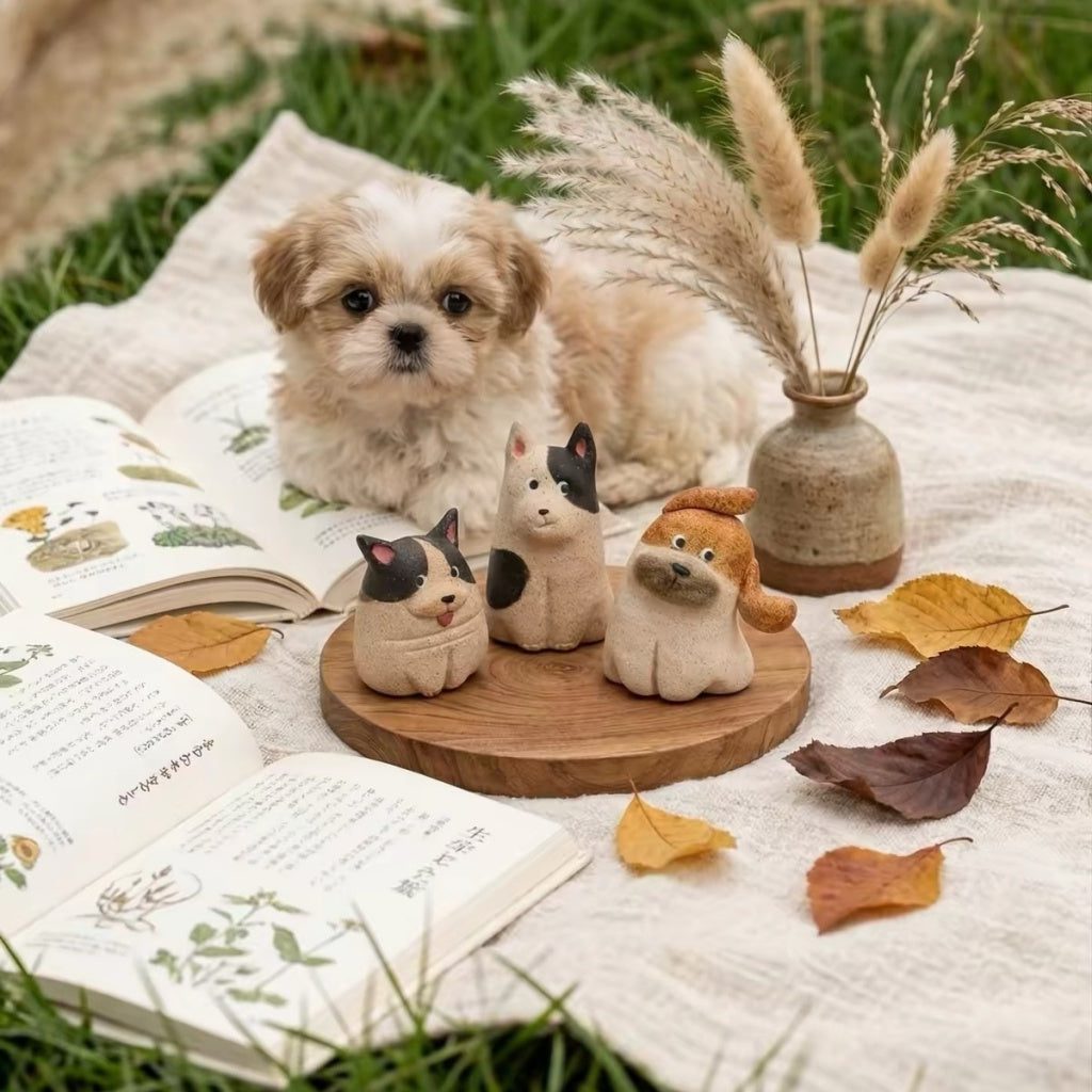 Three dog-shaped aroma stone diffusers displayed outdoors beside a small dog and dried flowers