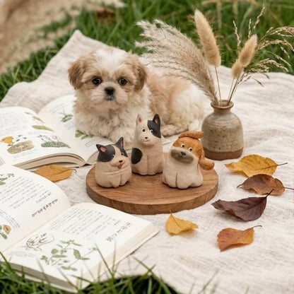 Three dog-shaped aroma stone diffusers displayed outdoors beside a small dog and dried flowers