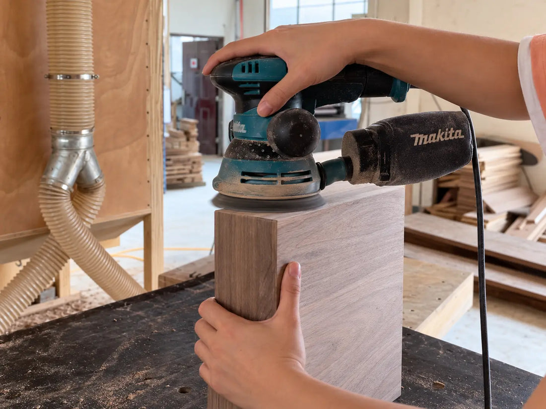 AI-edited illustration based on supplier footage: sanding the surface of a wooden box