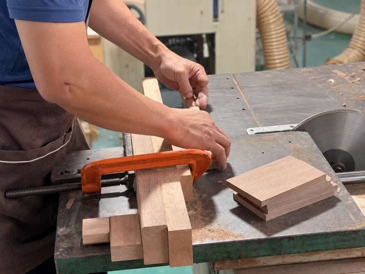 AI-edited illustration based on supplier footage: woodworking in a partner artisan studio