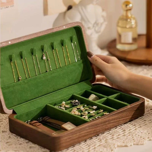 Large Fern walnut jewelry box open with green velvet compartments and necklace storage