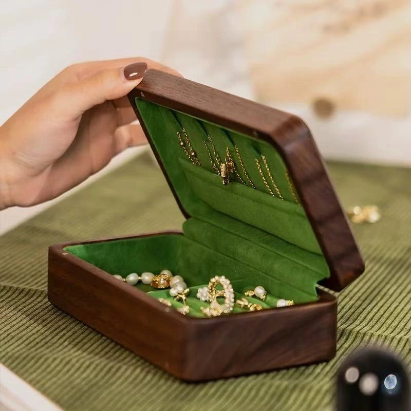 Small Fern walnut jewelry box with its magnetic lid lifted