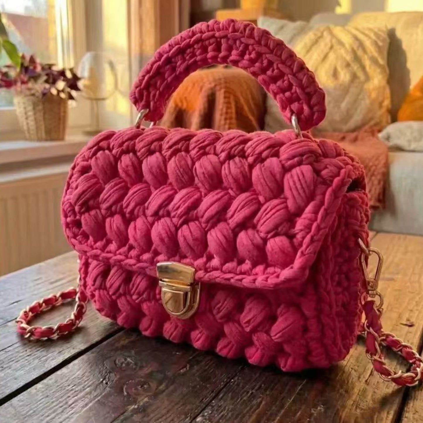Handmade Chunky Crochet Top-Handle Bag Pink Crochet Bag