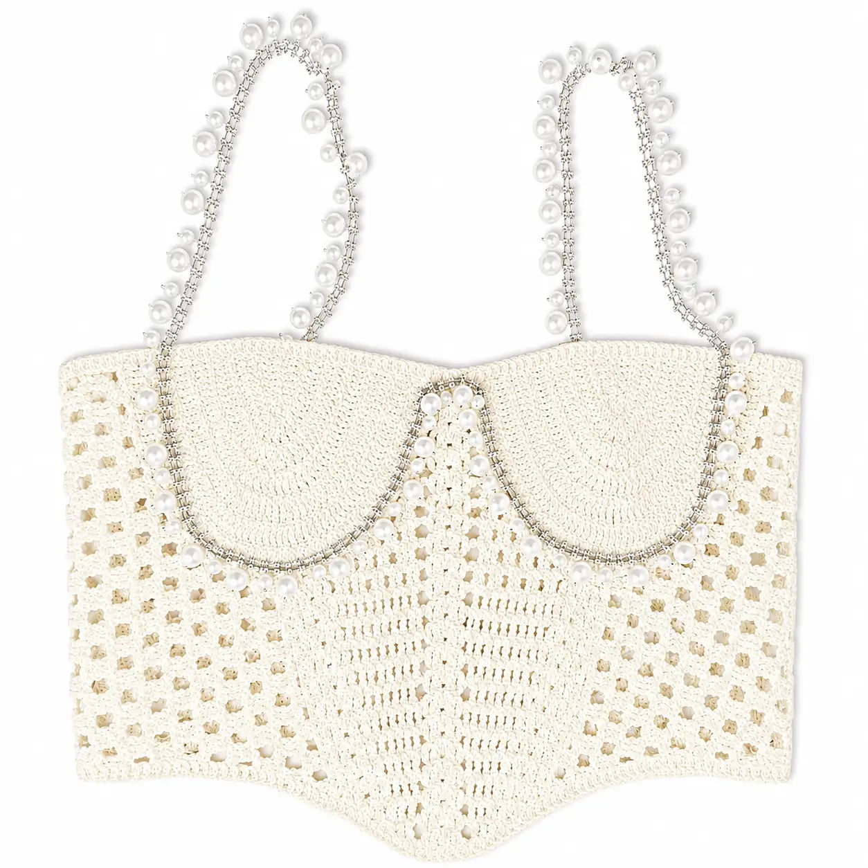 Cream crochet pearl top with scalloped cups, openwork knit details, and pearl-beaded shoulder straps on a white background