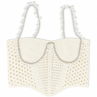Cream crochet pearl top with scalloped cups, openwork knit details, and pearl-beaded shoulder straps on a white background