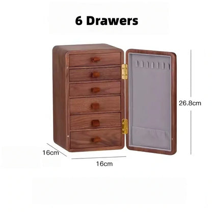 Haven solid black walnut jewelry box with 6 drawers, measuring 16 x 16 x 26.8 cm