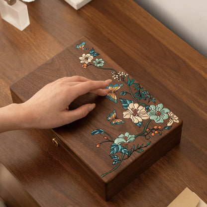 Closed Huadie black walnut jewelry box with hand-painted floral and butterfly lacquer artwork