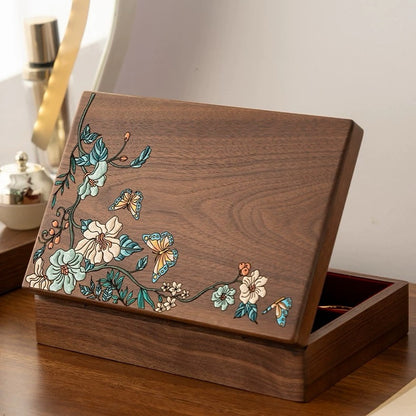Huadie lacquer-art jewelry box with lid partly open, showing the walnut construction