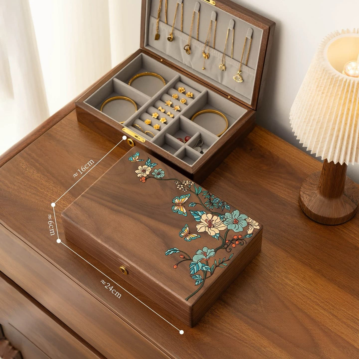 Single-layer hand-painted black walnut jewelry box shown open and closed, approximately 24 by 16 by 6 cm