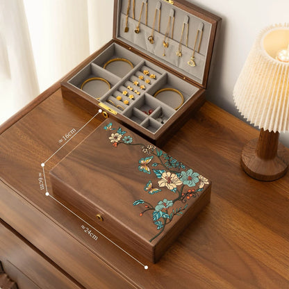 Single-layer hand-painted black walnut jewelry box shown open and closed, approximately 24 by 16 by 6 cm