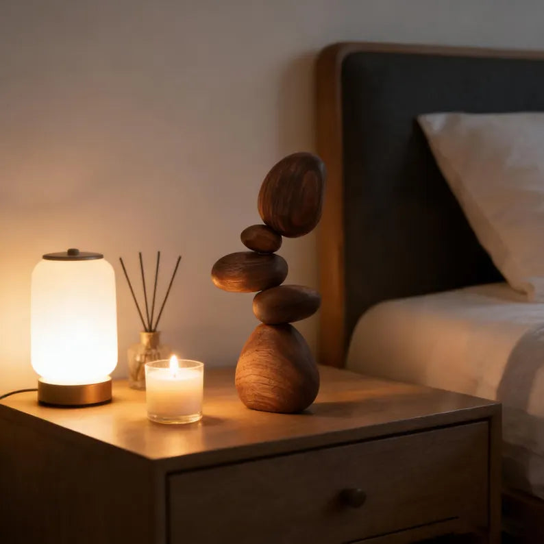 Black Walnut magnetic balance stones styled on a bedside table beside a warm lamp and candle