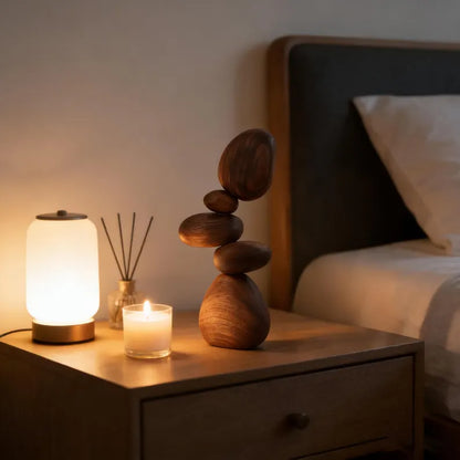 Black Walnut magnetic balance stones styled on a bedside table beside a warm lamp and candle