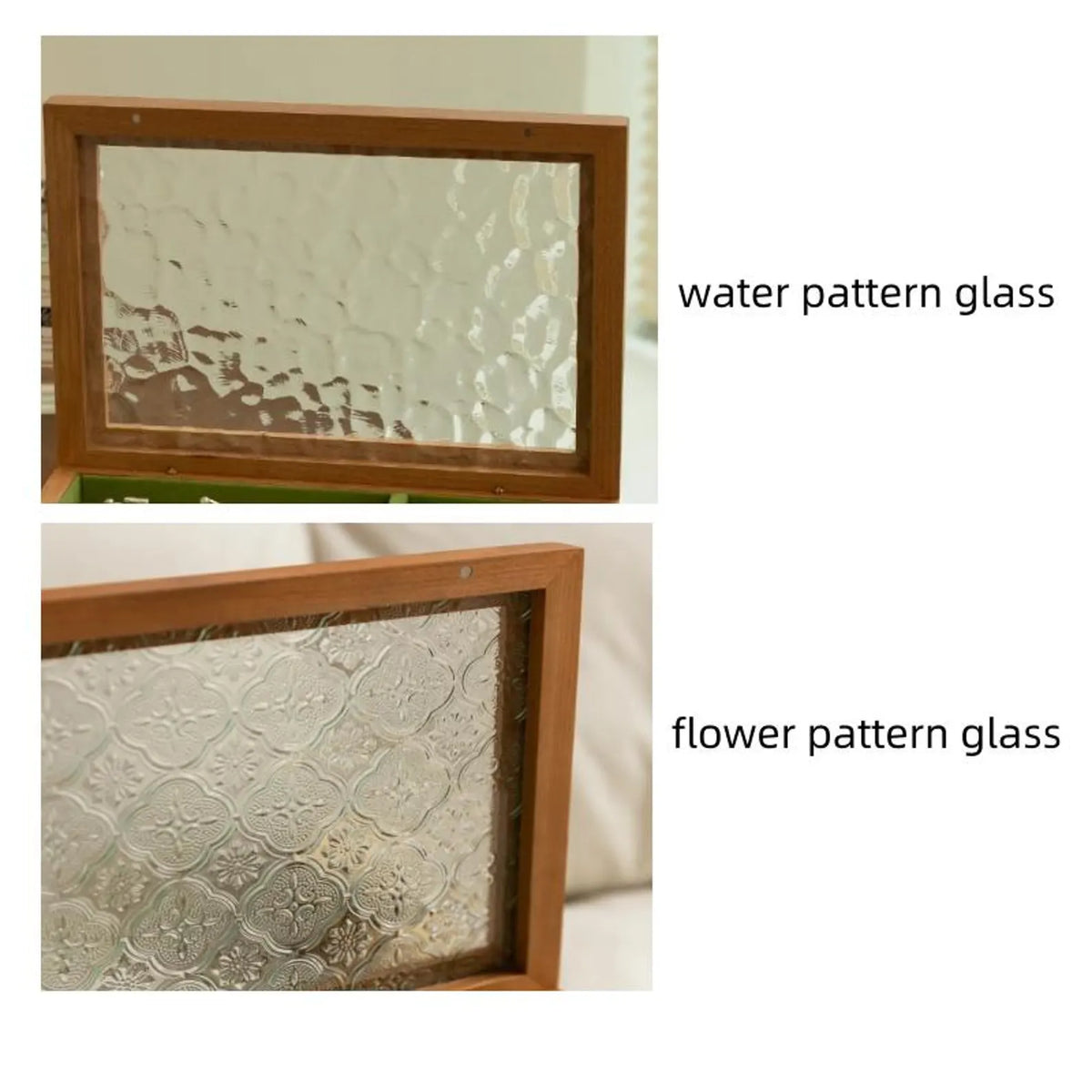 Side-by-side comparison of ripple and floral patterned glass lid options for the Maren jewelry box.