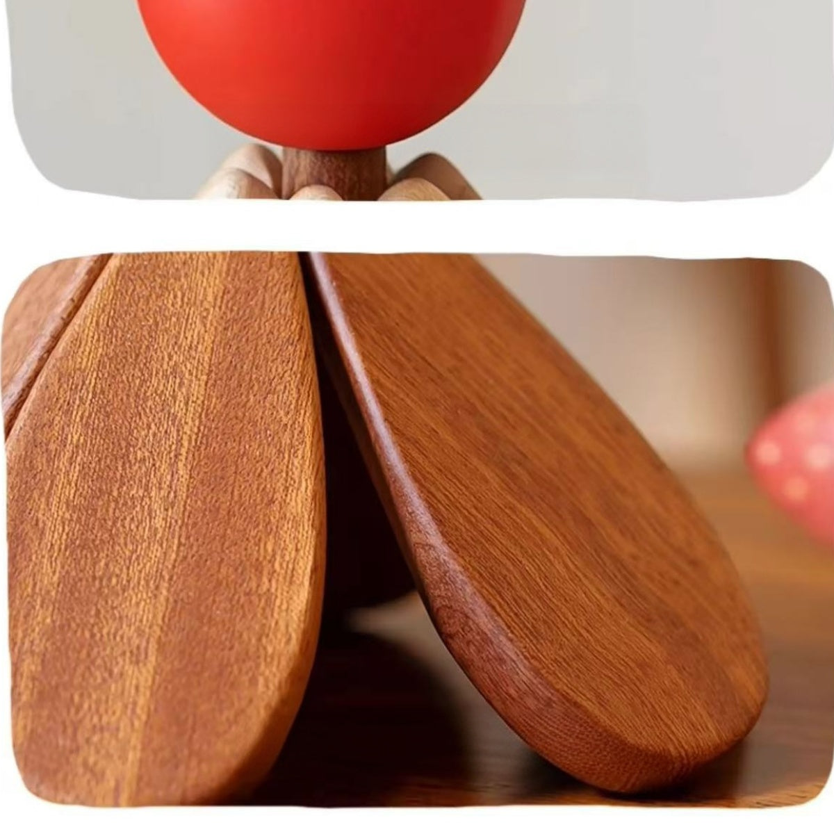 Close-up of the smooth natural grain and contrasting wood tones on the trivet pieces.