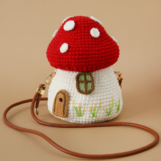 Crochet mushroom crossbody bag with leather strap, handmade knit cottagecore purse, cute aesthetic small shoulder bag